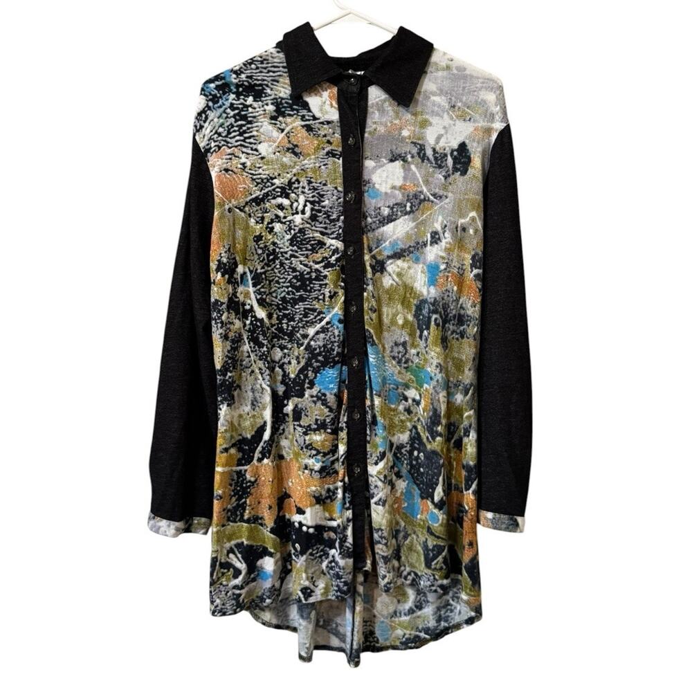 Parsley & Sage Women Sz XL Button Down Tunic Top Long Sleeve Artsy City Flowing